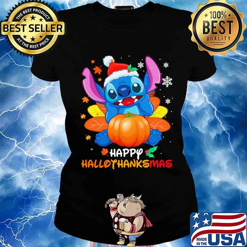 Stitch happy hallothanksmas halloween thanksgiving christmas s Ladies tee