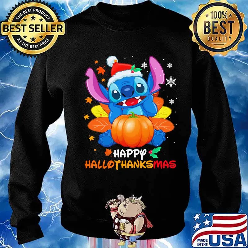 Stitch happy hallothanksmas halloween thanksgiving christmas s Sweater