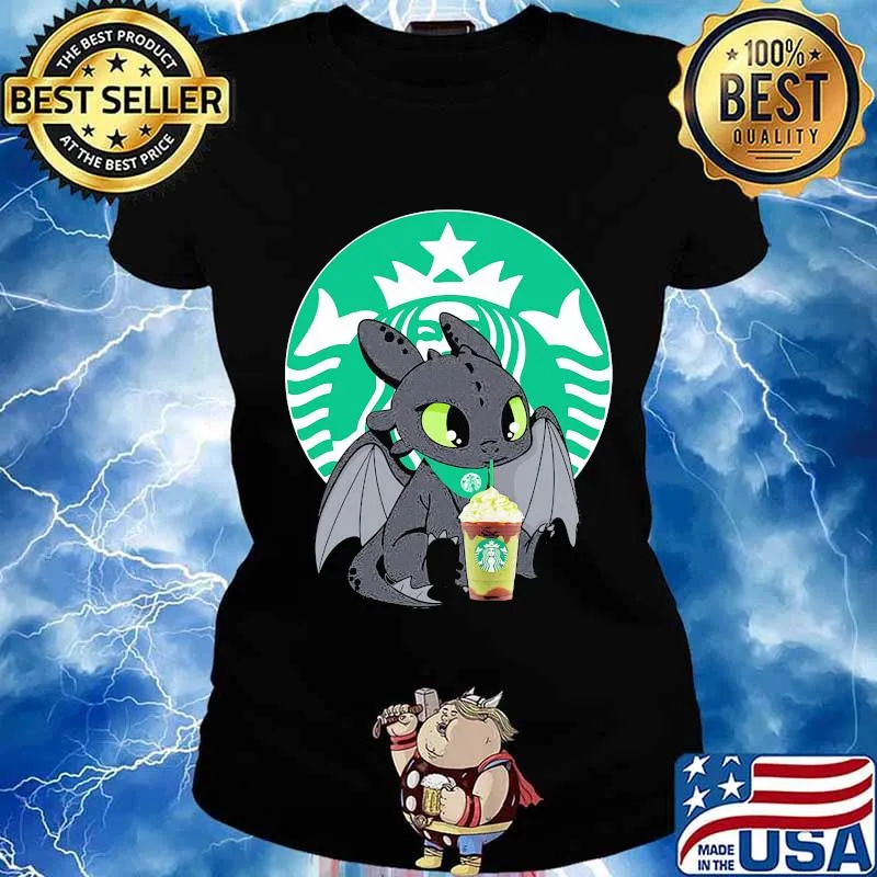 Toothless drinking starbucks coffee logo s Ladies tee