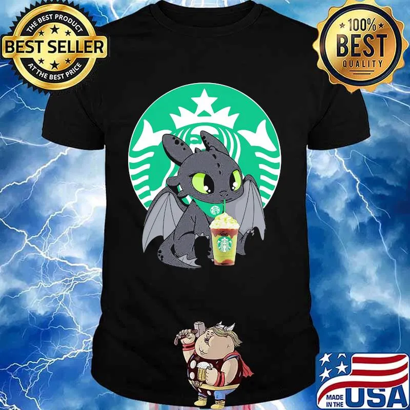 Toothless drinking starbucks coffee logo shirt