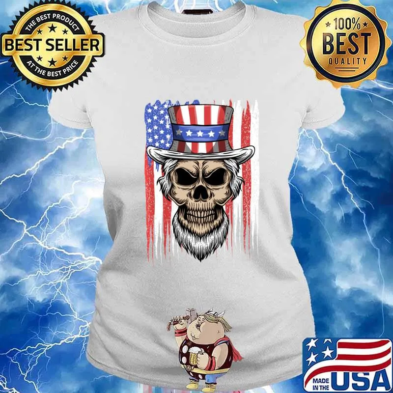 Uncle Skull 4th of July American Flag Patriotic Skull Sam Shirt Ladies tee