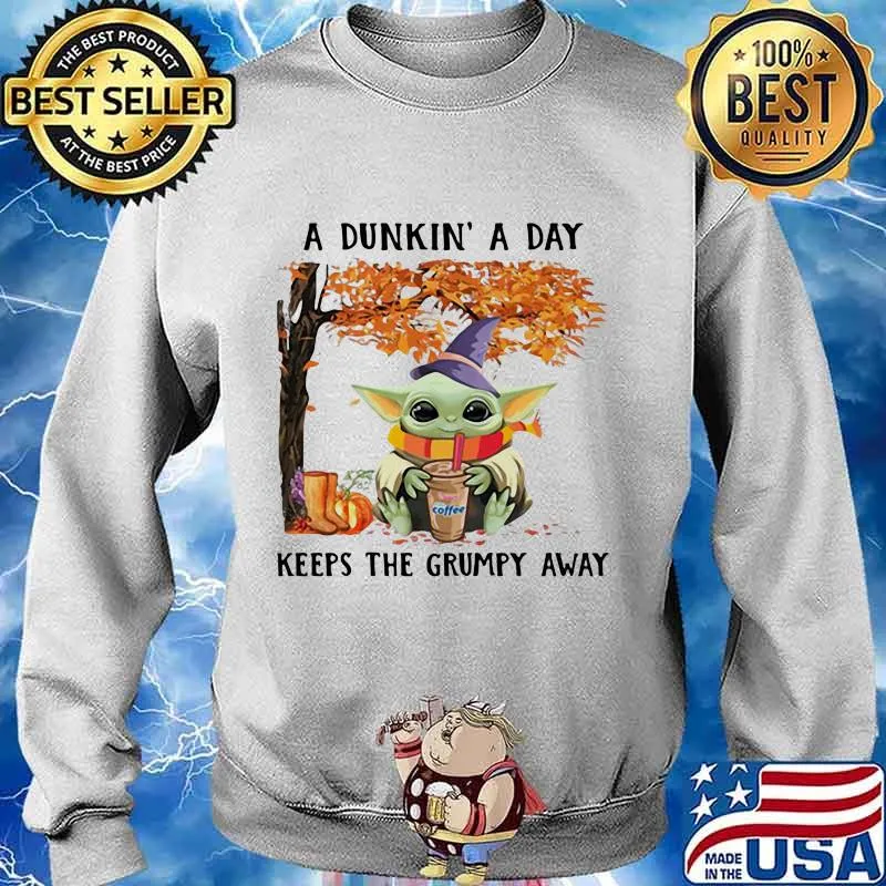 A dunkin a day keeps the grumpy away baby yoda wear hat witch halloween s Sweater