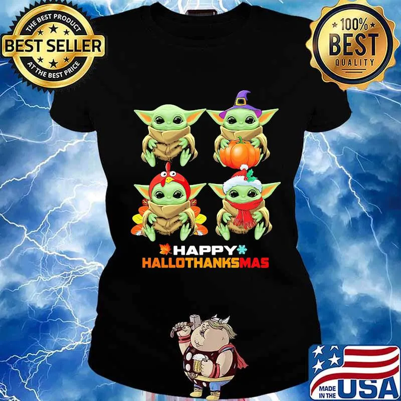 Baby yoda happy hallothanksmas halloween thanksgiving christmas s Ladies tee