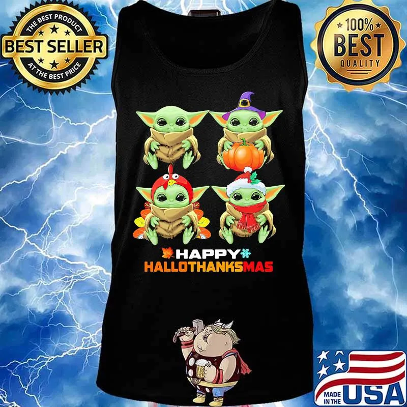 Baby yoda happy hallothanksmas halloween thanksgiving christmas s Tank top