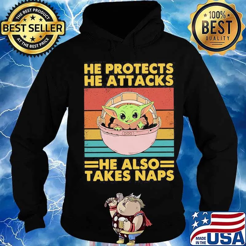 Baby yoda he protects he attacks he also takes naps vintage retro s Hoodie