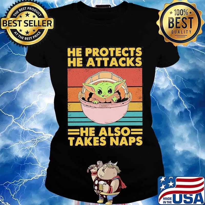 Baby yoda he protects he attacks he also takes naps vintage retro s Ladies tee