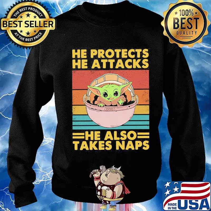 Baby yoda he protects he attacks he also takes naps vintage retro s Sweater