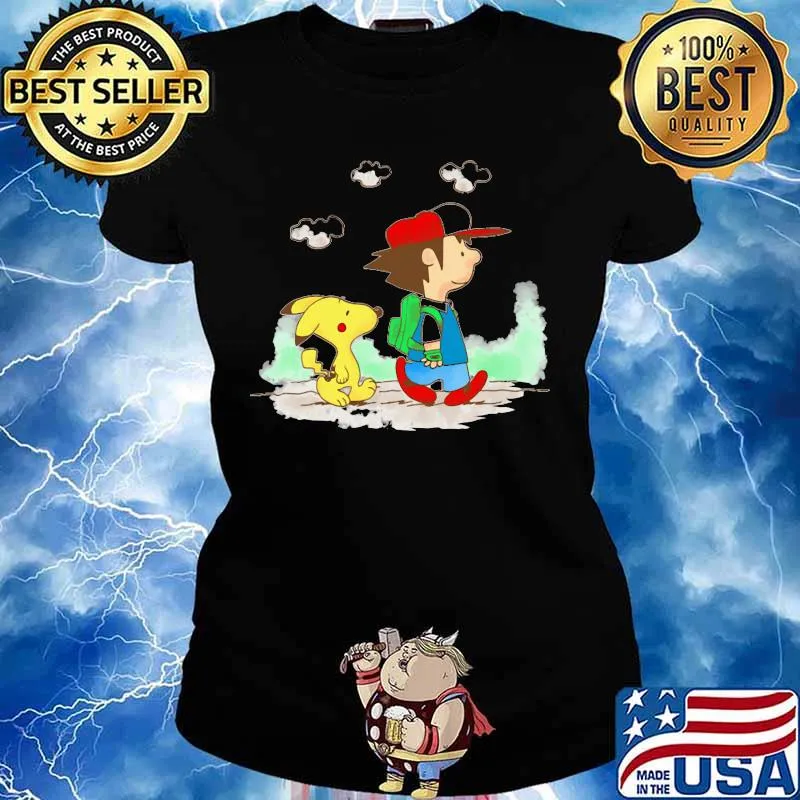Charlie brown and snoopy pikachu cartoon s Ladies tee