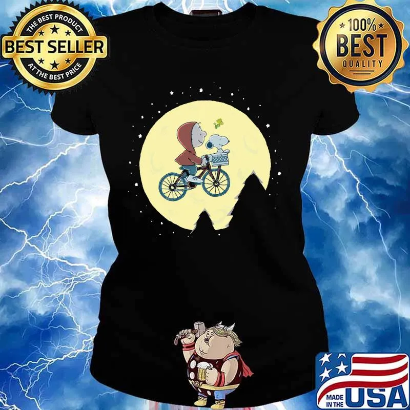 Charlie brown and snoopy riding bicycle moon s Ladies tee