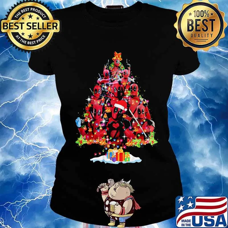 Deadpool cartoon merry christmas tree s Ladies tee