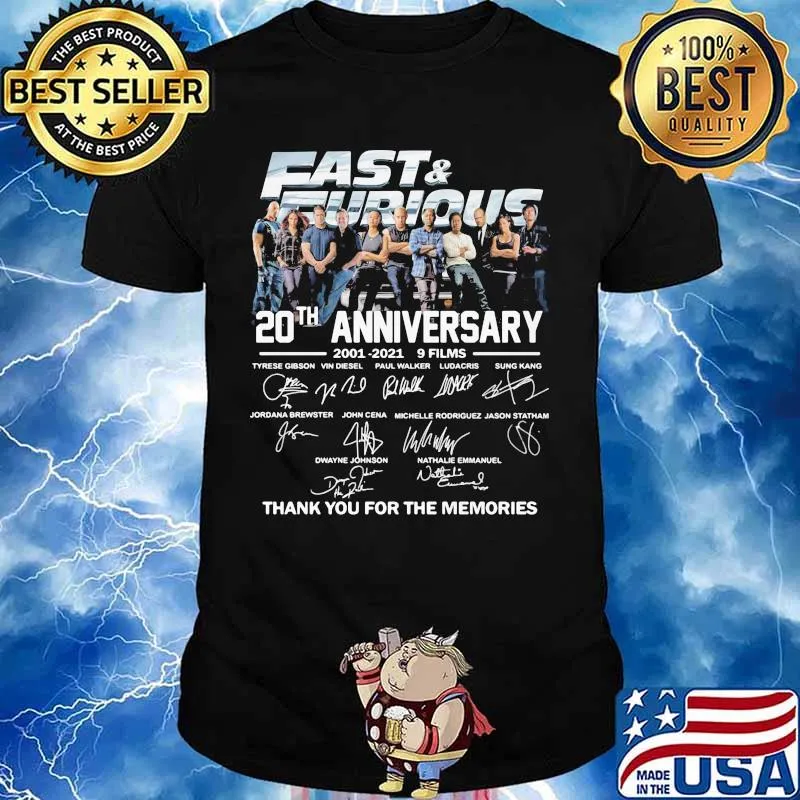 Fast and furious 20th anniversary 2001 2021 9 films thank for the memories signatures shirt