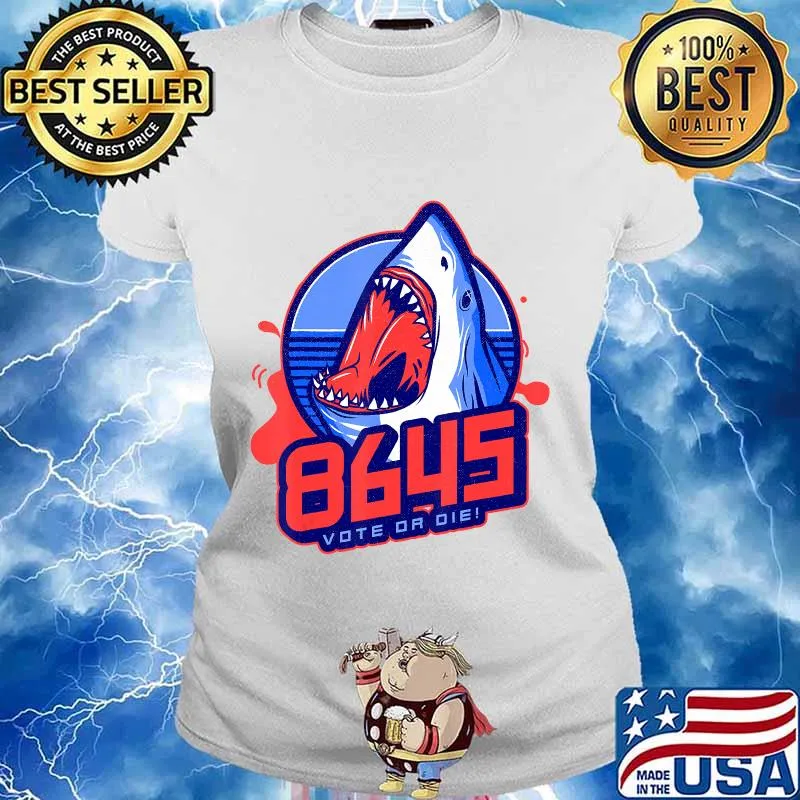 Fun 8645 Sports Logo Style w Shark Vote or Die! Halftone T-Shirt Ladies tee