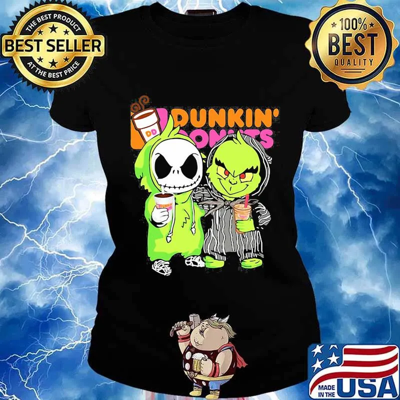 Grinch and jack skellington drink dunkin donuts s Ladies tee