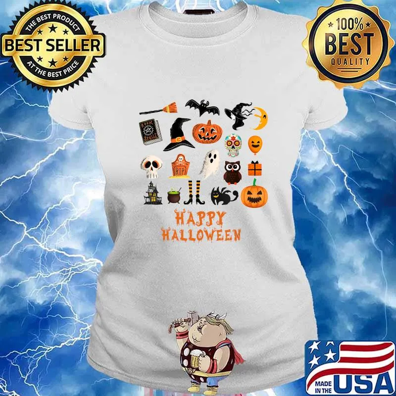 Happy Halloween Pumpkin Boo Cat Owl T-Shirt Ladies tee