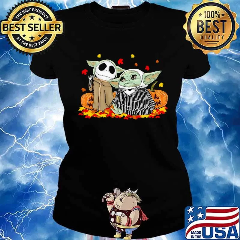 Jack skellington and baby yoda happy halloween fall leaves map s Ladies tee