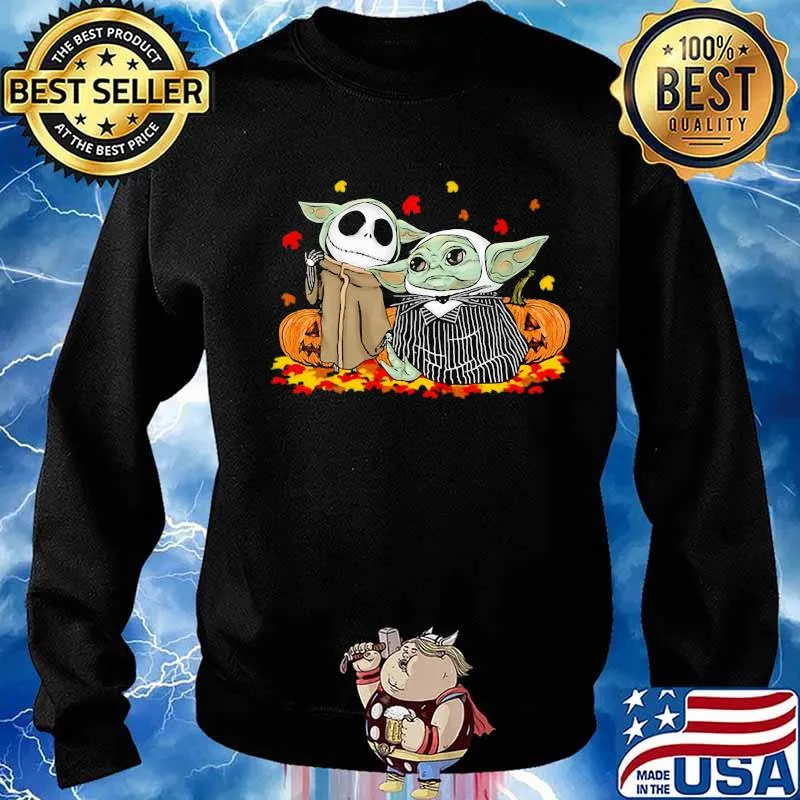Jack skellington and baby yoda happy halloween fall leaves map s Sweater