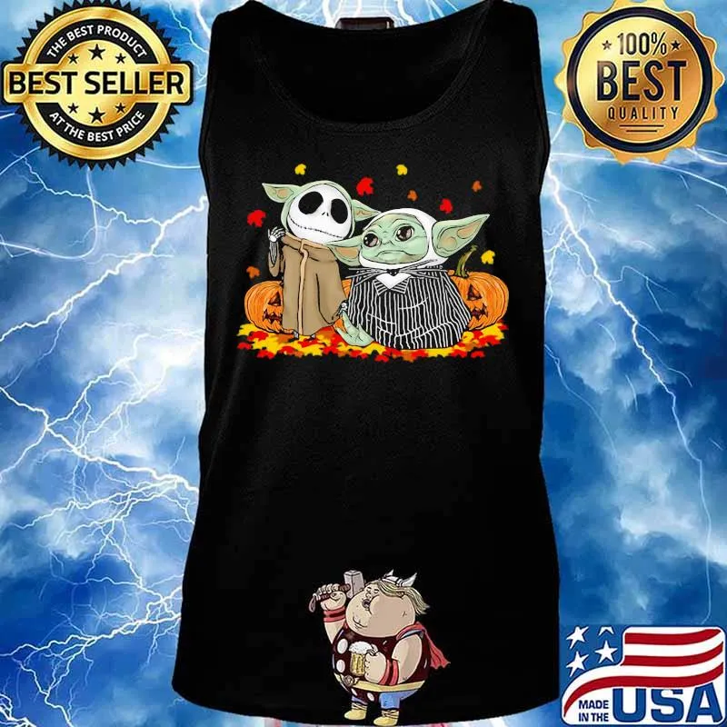Jack skellington and baby yoda happy halloween fall leaves map s Tank top