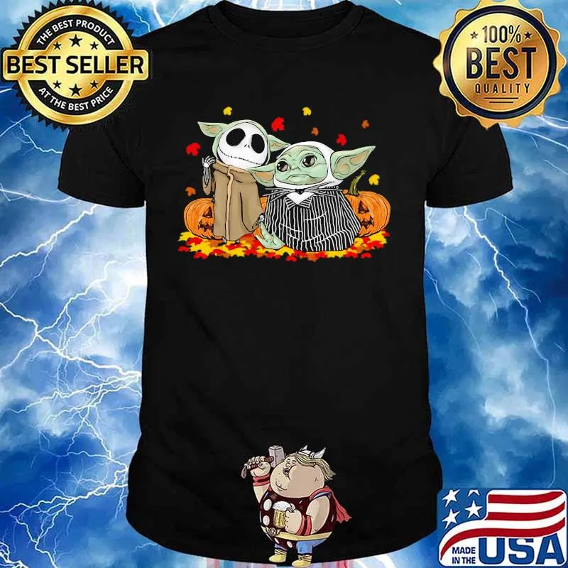 Jack skellington and baby yoda happy halloween fall leaves map shirt