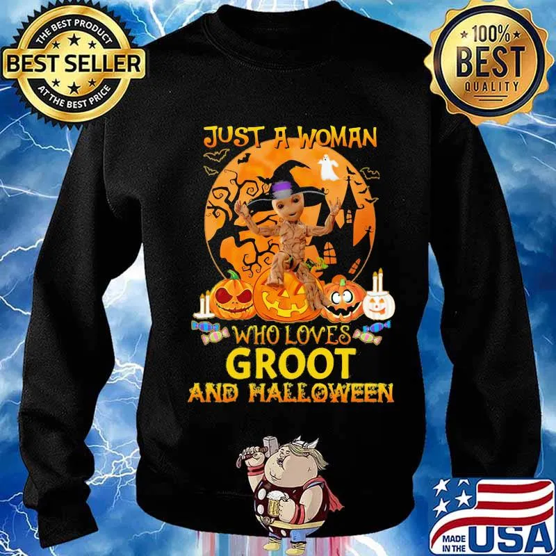 Just a woman who loves baby groot and halloween moon s Sweater