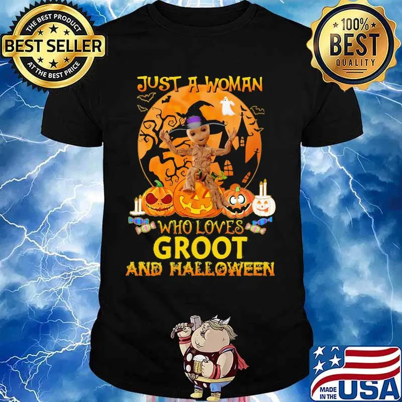 Just a woman who loves baby groot and halloween moon shirt