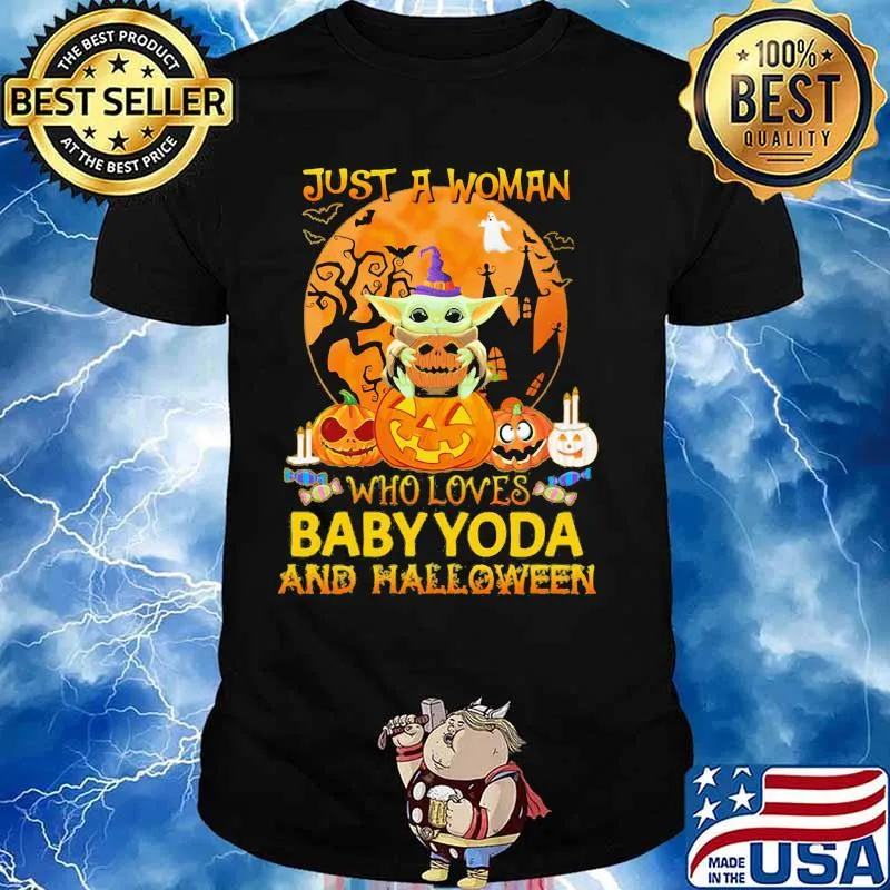 Just a woman who loves baby yoda and halloween moon shirt