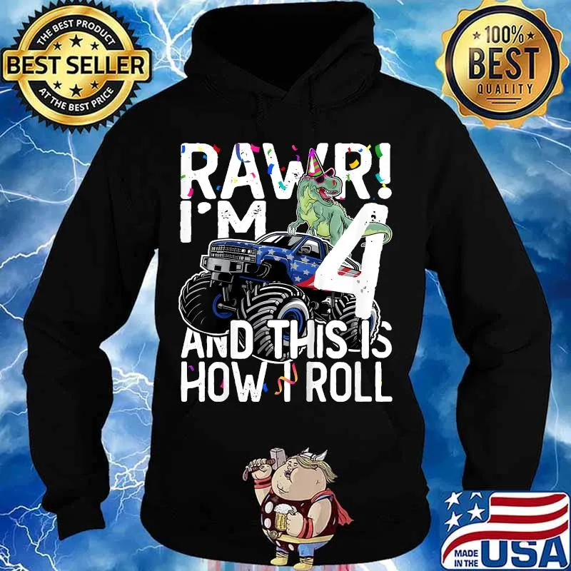 Kids 4 Year Old Birthday Gift T Rex Riding Monster Truck 4th Bday T-Shirt Hoodie