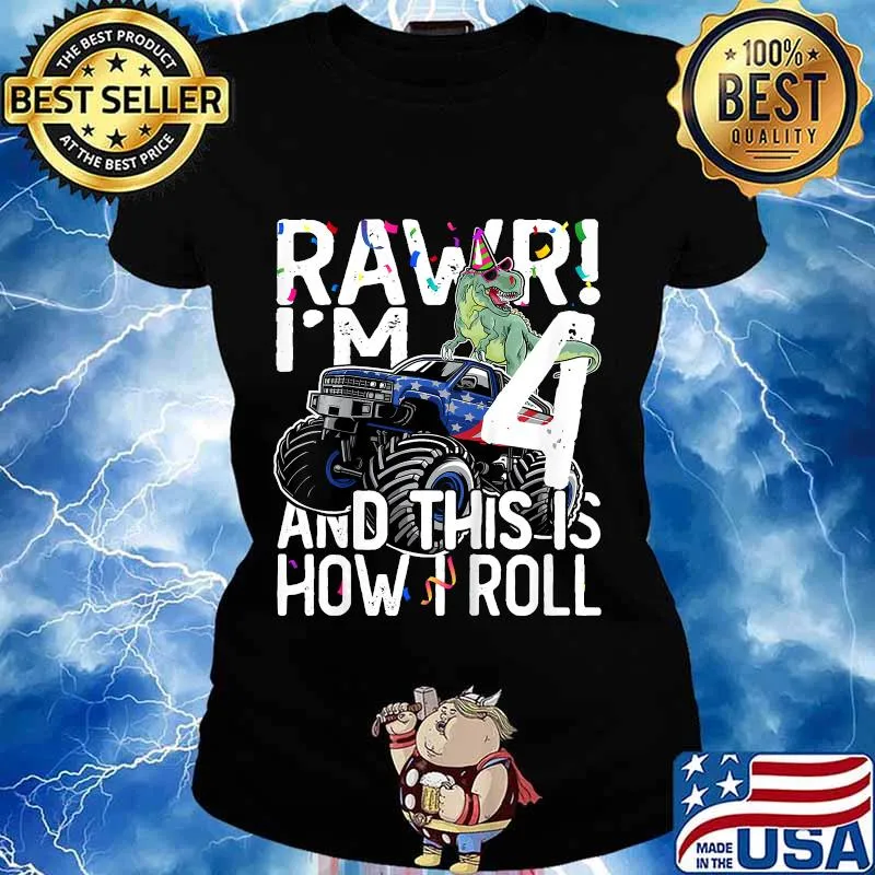 Kids 4 Year Old Birthday Gift T Rex Riding Monster Truck 4th Bday T-Shirt Ladies tee