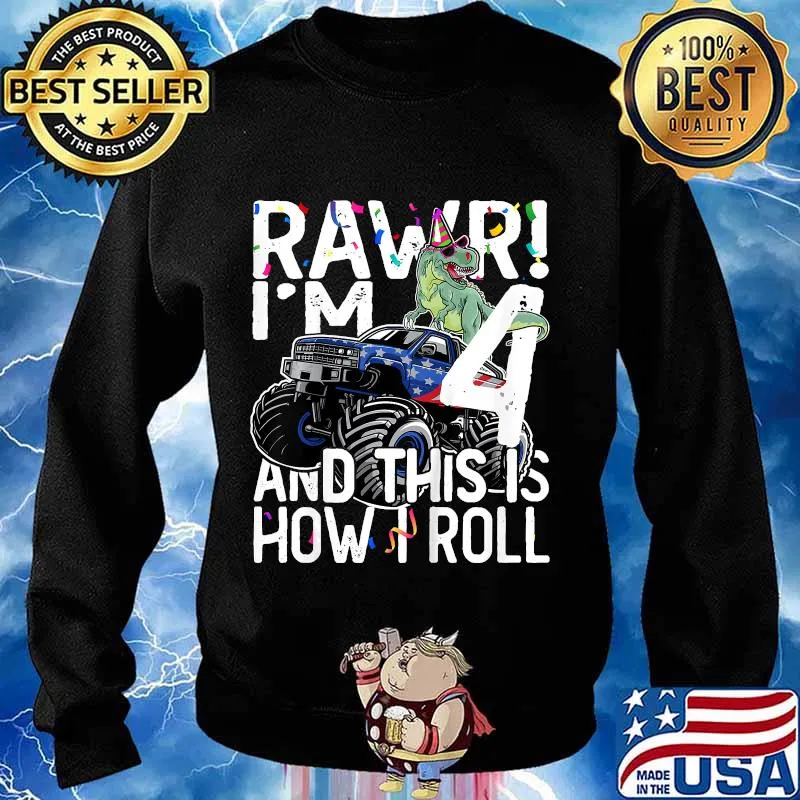 Kids 4 Year Old Birthday Gift T Rex Riding Monster Truck 4th Bday T-Shirt Sweater