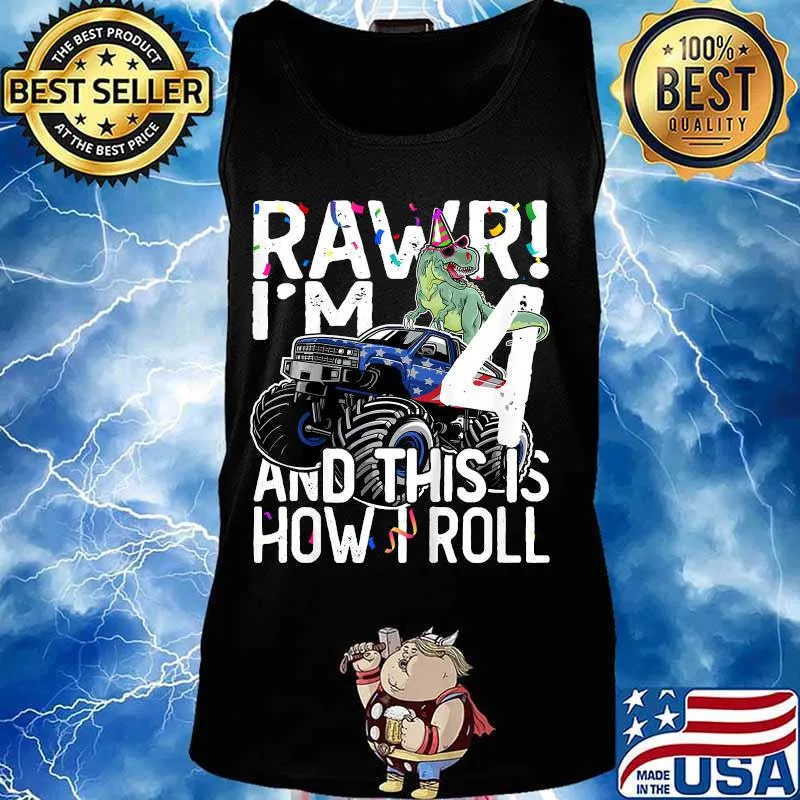 Kids 4 Year Old Birthday Gift T Rex Riding Monster Truck 4th Bday T-Shirt Tank top