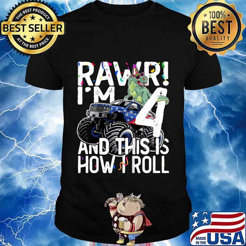 Kids 4 Year Old Birthday Gift T Rex Riding Monster Truck 4th Bday T-Shirt