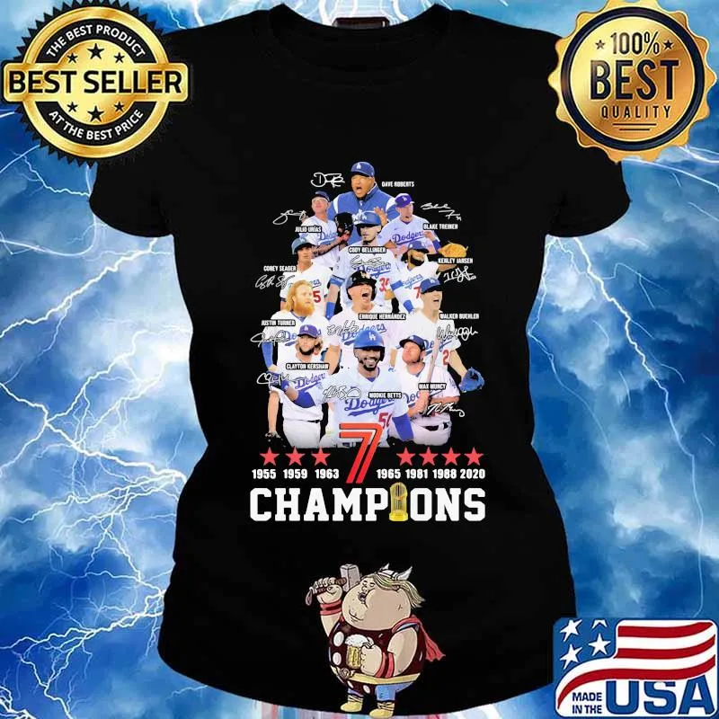 Los angeles dodgers 1955 1959 1963 7 1965 1981 1988 2020 champions signatures s Ladies tee