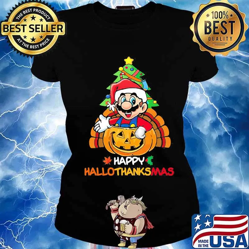 Mario happy hallothanksmas halloween thanksgiving christmas s Ladies tee
