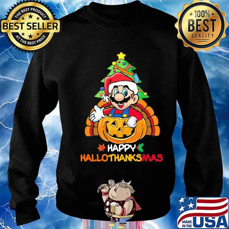 Mario happy hallothanksmas halloween thanksgiving christmas s Sweater