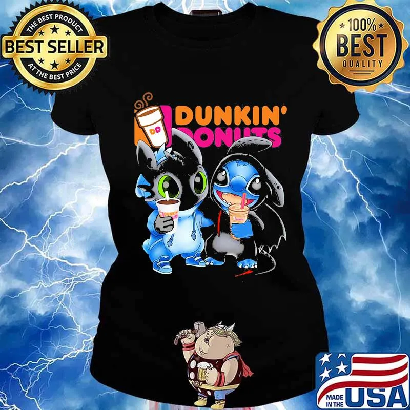 Official Stitch and toothless hug Dunkin Donuts s Ladies tee