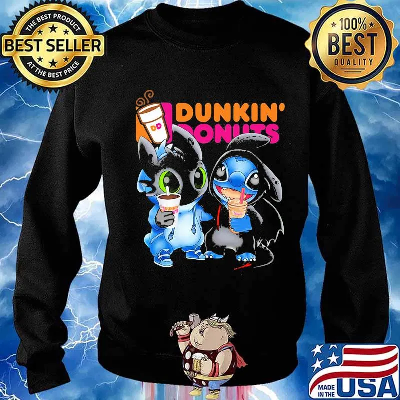 Official Stitch and toothless hug Dunkin Donuts s Sweater