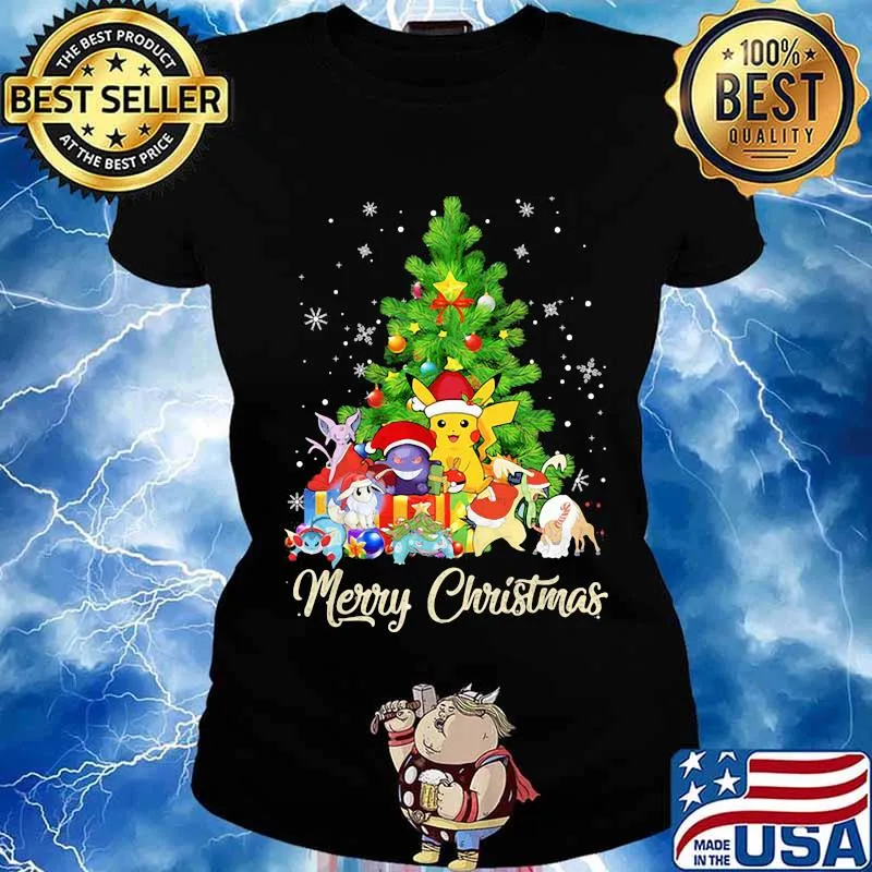 Pikachu cartoon merry christmas tree s Ladies tee