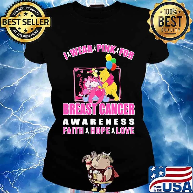 Pooh and friends i wear pink for breast cancer awareness faith hope love s Ladies tee