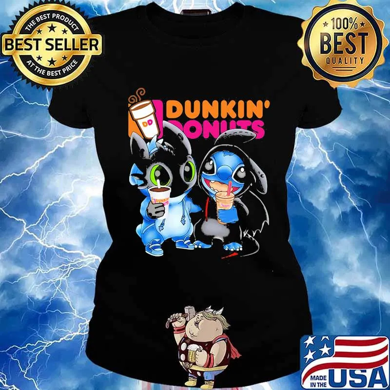Stitch and toothless hug Dunkin Donuts s Ladies tee