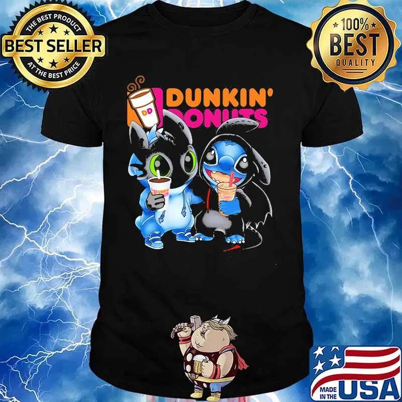 Stitch and toothless hug Dunkin Donuts shirt