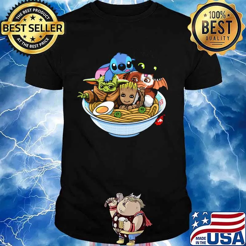 Stitch toothless baby yoda and baby groot in noodle shirt