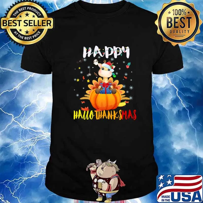 Happy Hallothanksmas Giraffe Pumpkin Halloween Thanksgiving Christmas Shirt