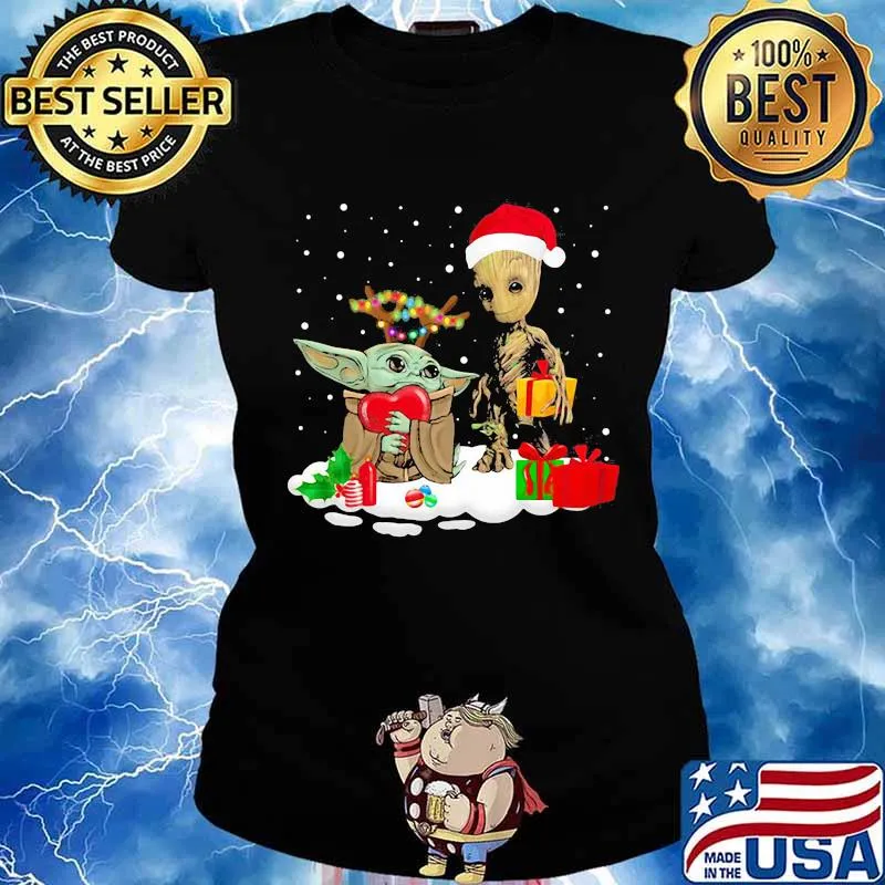 Merry christmas baby yoda hug heart and baby groot s Ladies tee