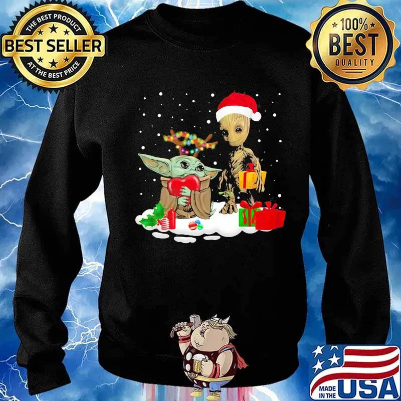 Merry christmas baby yoda hug heart and baby groot s Sweater