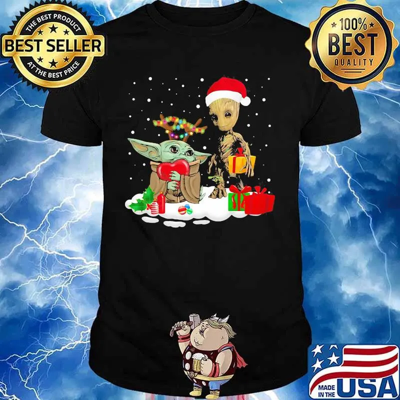 Merry christmas baby yoda hug heart and baby groot shirt