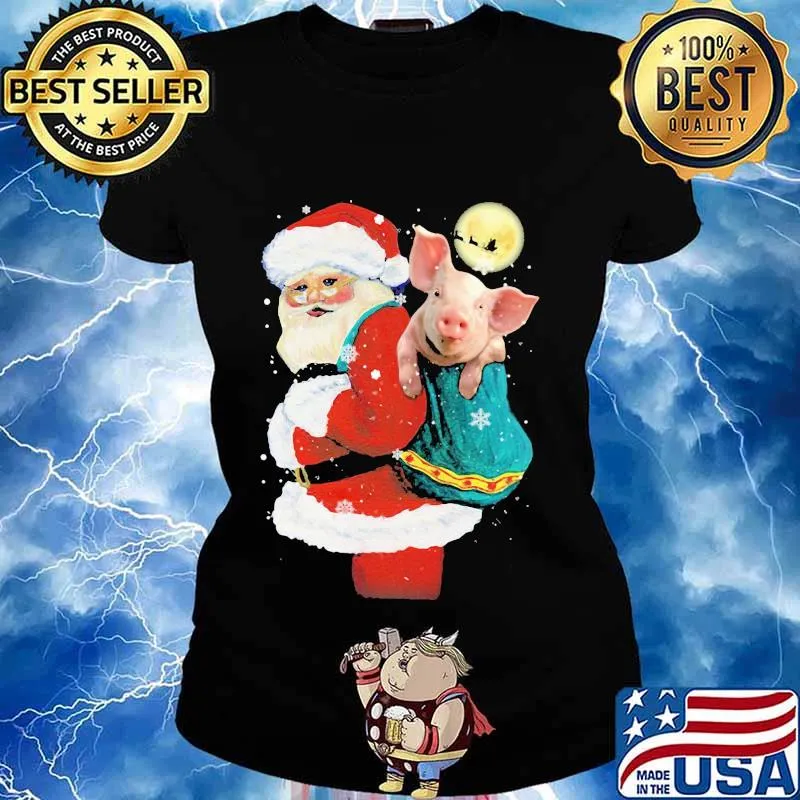 Merry christmas pig and santa claus s Ladies tee