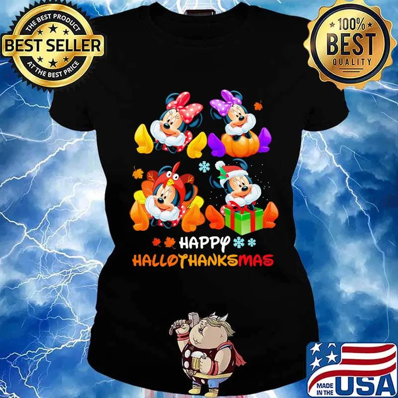 Minnie and mickey mouse happy hallothanksmas halloween thanksgiving christmas s Ladies tee