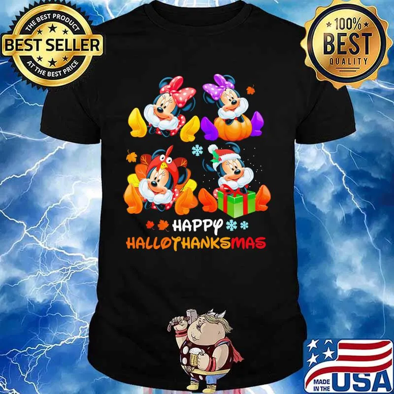 Minnie and mickey mouse happy hallothanksmas halloween thanksgiving christmas shirt