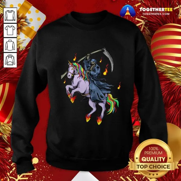 Nice Grim Reaper Skeleton Death Riding A Unicorn Fire Shirt - Image 4