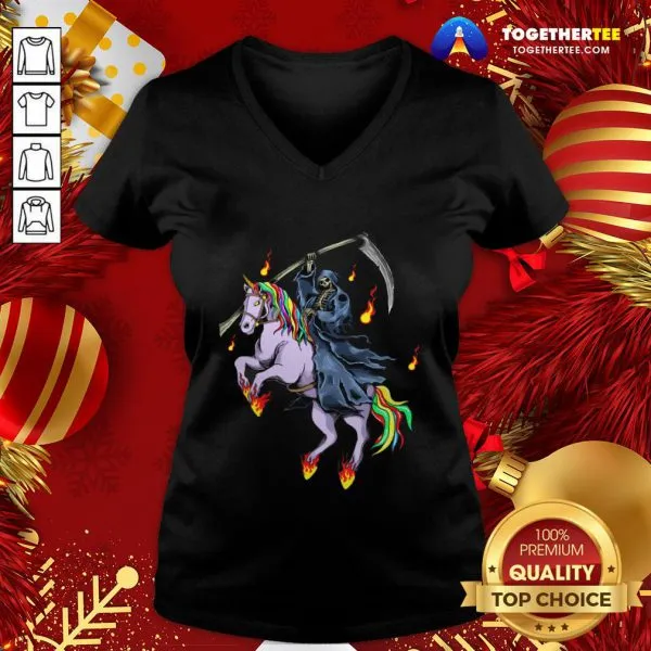 Nice Grim Reaper Skeleton Death Riding A Unicorn Fire Shirt - Image 2