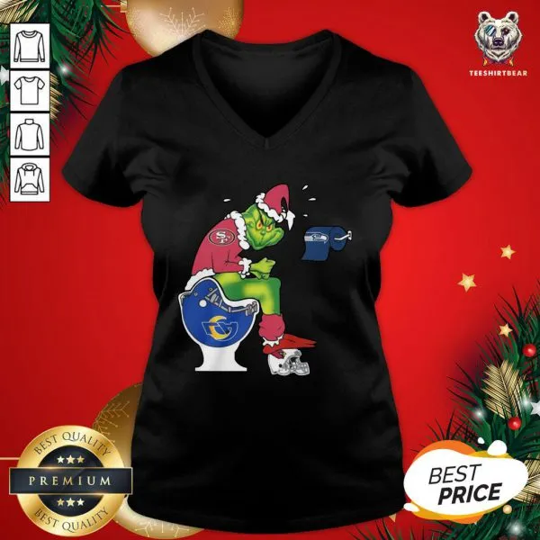 Official The Grinch San Francisco 49ers Shit On Toilet Los Angeles Rams And Other Teams Christmas Shirt - Image 2